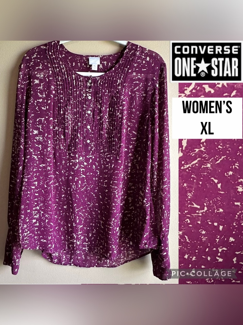 Converse Women’s Blouse Burgundy One Star Pleated Henley Long Sleeve Size XL
